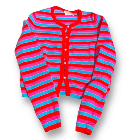 From Future Cashmere Striped Fitted Cropped Cardigan Medium Pearl Buttons Pink - Picture 1 of 11